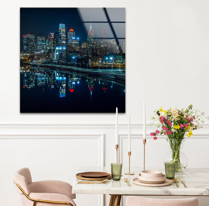 Philadelphia Glaswandkunst – Skyline-Reflexionen bei Nacht