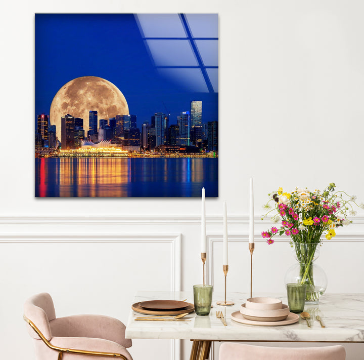 Vancouver Skyline Glass Wall Art – Supermoon Over City Lights