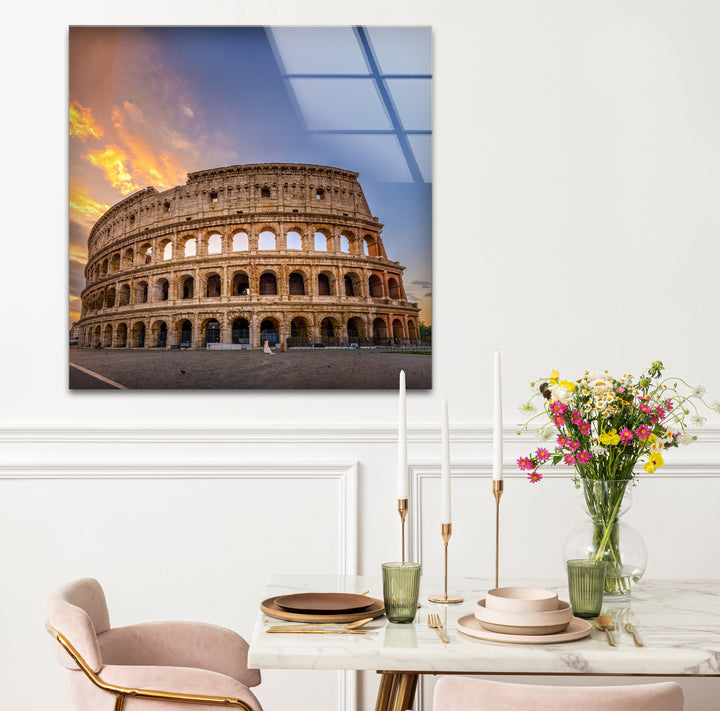 Colosseum Glass Wall Art – Rome Historic Landmark at Sunset