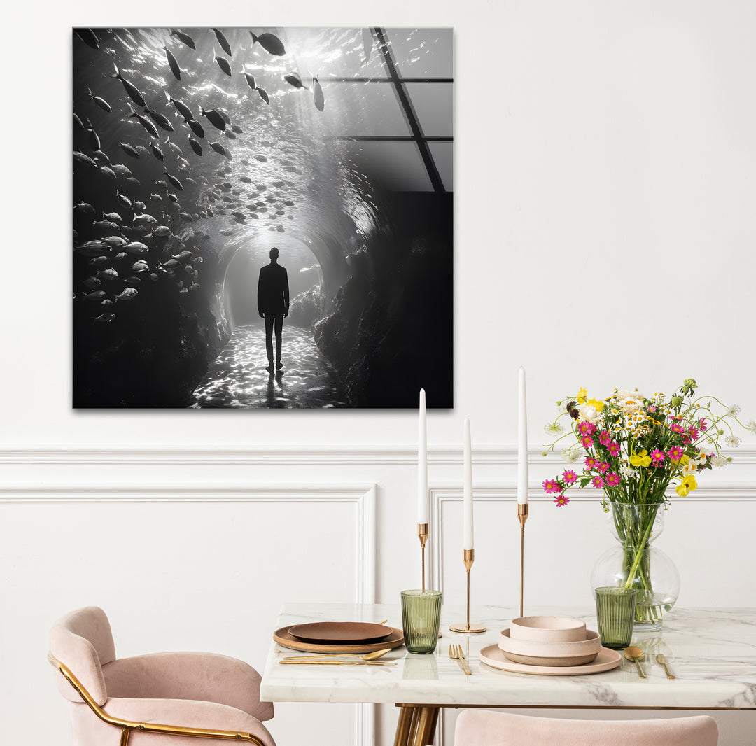 Artistic black and white abstract art portraying a surreal underwater journey.