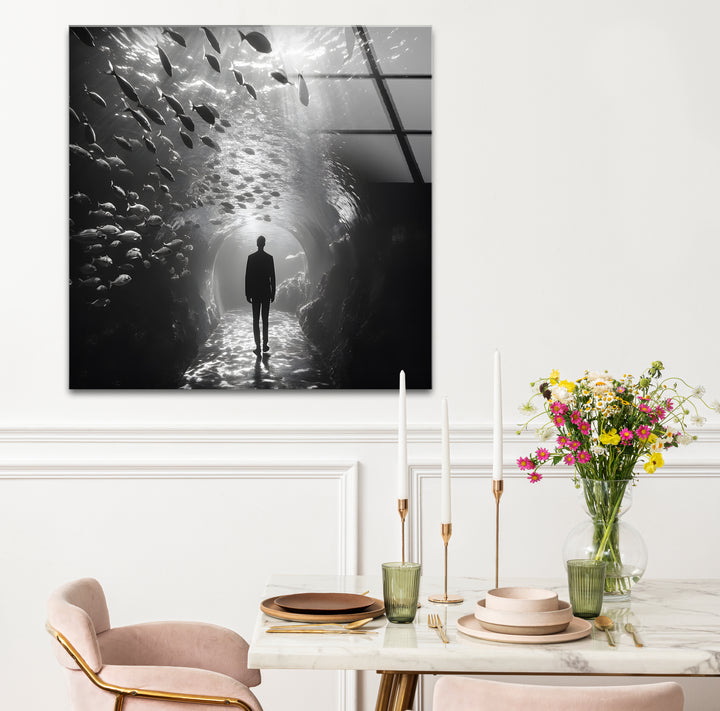 Artistic black and white abstract art portraying a surreal underwater journey.