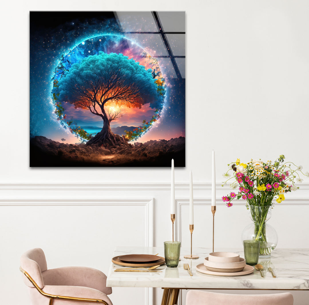 Himmlischer Lebensbaum Wandkunst – Mystisches kosmisches Glas-Wanddekor