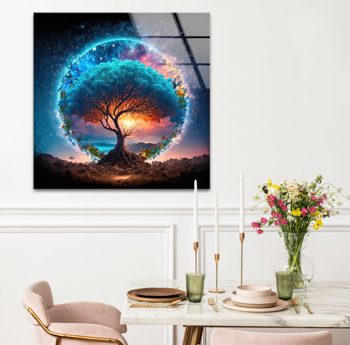 Himmlischer Lebensbaum Wandkunst – Mystisches kosmisches Glas-Wanddekor