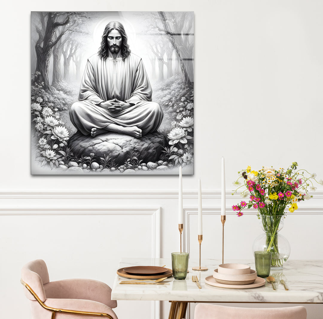 Artistic black and white paintings of Jesus, blending reverence with modern design elements.