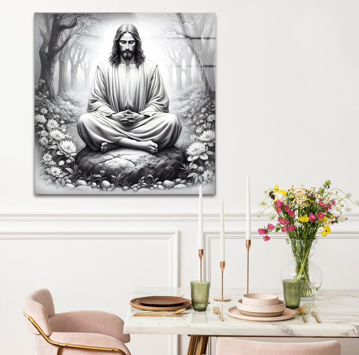 Artistic black and white paintings of Jesus, blending reverence with modern design elements.