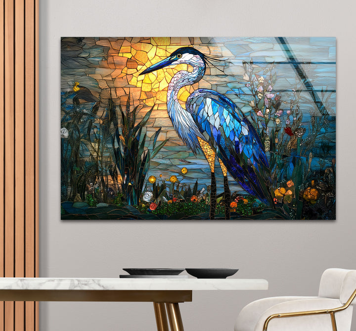 Sunset Majesty – Mosaikreiher-Wandkunst aus Glas