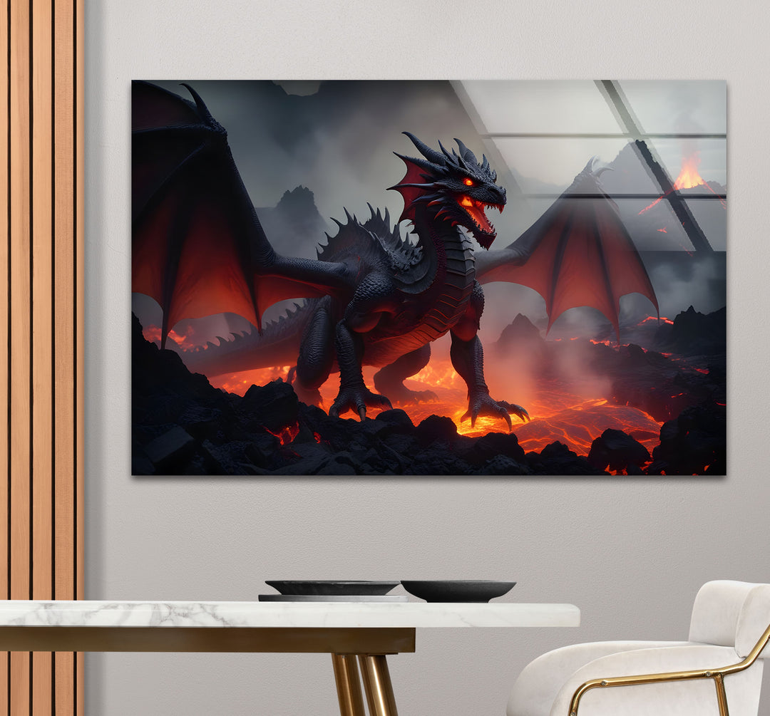 A fierce dragon in a fiery volcanic scene, designed to bring power and drama to your home.

