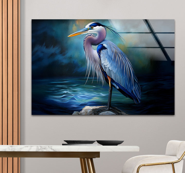 Midnight Grace – Blauer Reiher, realistische Glaswandkunst