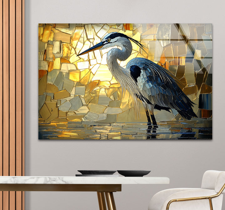 Goldenes Licht – Reiher in Mosaik-Leuchtglas-Wandkunst