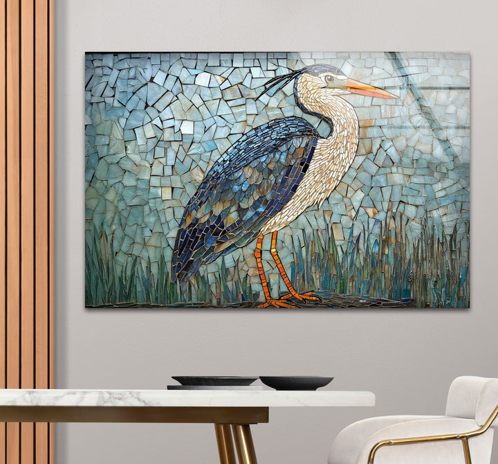 Mosaic Majesty – Blauer Reiher, Glaswandkunst