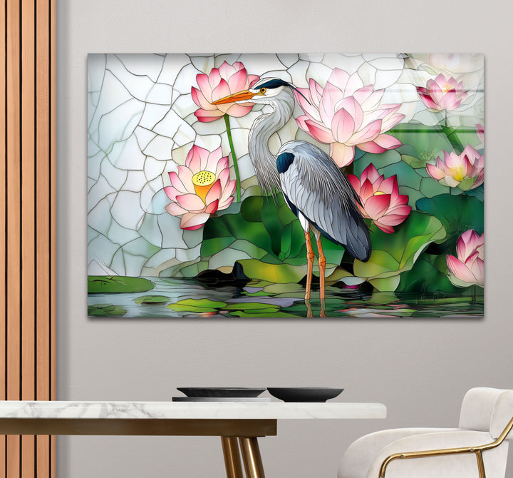 Lotus Serenity – Reiher &amp; rosa Seerosen Glaswandkunst