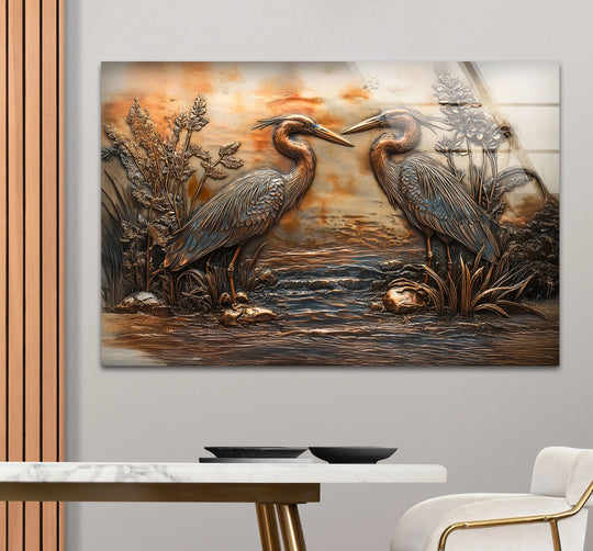 Golden reflections dance on the rippling water, highlighting the sculpted bronze herons in this art from glass.