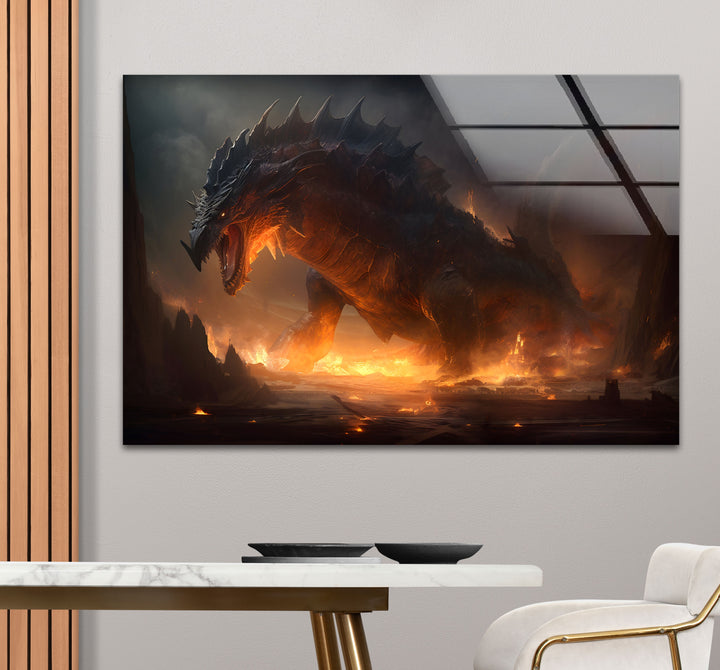 A fiery, powerful dragon captured in glass wall art for your home.
