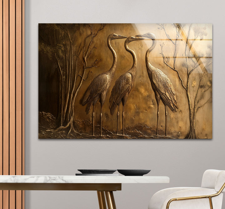 Zeitloses Trio – Bronzenes Kranich-Relief-Glaswandkunstwerk