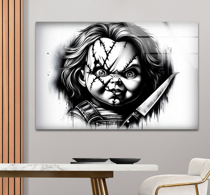 Artistic black and white abstract art portraying Chucky with bold lines and high-contrast textures.