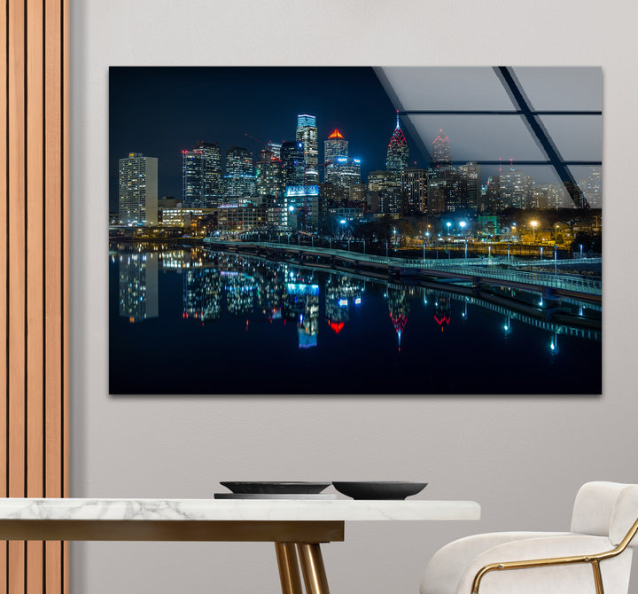 Philadelphia Glaswandkunst – Skyline-Reflexionen bei Nacht