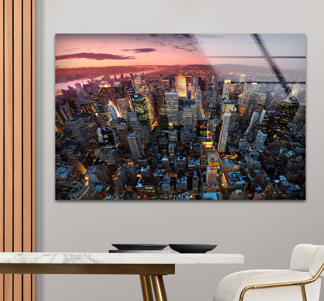 New York City Glaswandkunst – Luftaufnahme bei Sonnenuntergang