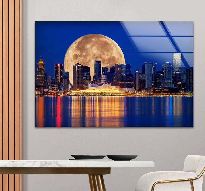 Vancouver Skyline Glass Wall Art – Supermoon Over City Lights