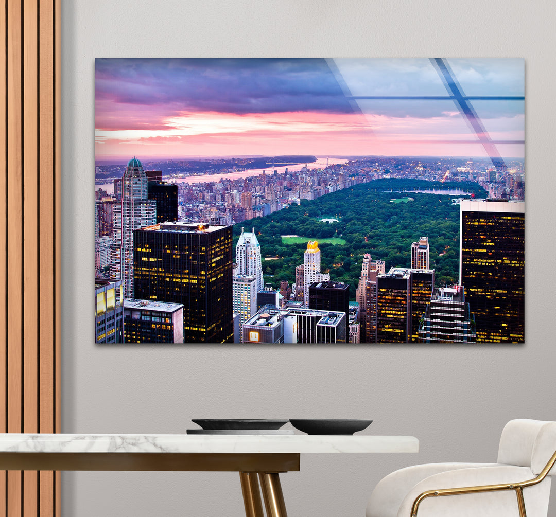 Glaswandkunst New York City – Skyline und Blick auf den Sonnenuntergang im Central Park