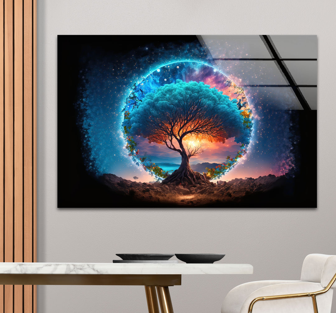 Himmlischer Lebensbaum Wandkunst – Mystisches kosmisches Glas-Wanddekor