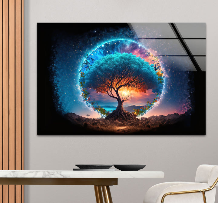 Himmlischer Lebensbaum Wandkunst – Mystisches kosmisches Glas-Wanddekor