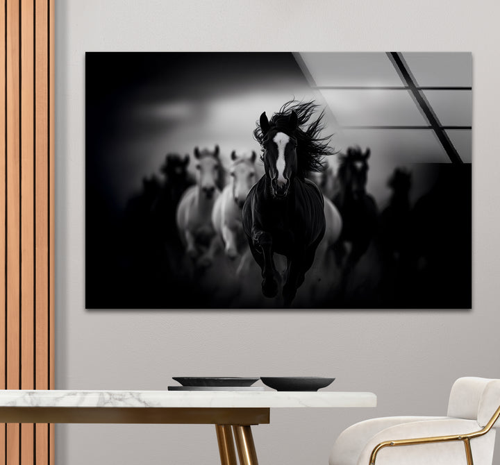 Timeless black and white paintings of running horses, perfect for adding a sense of motion to any space.