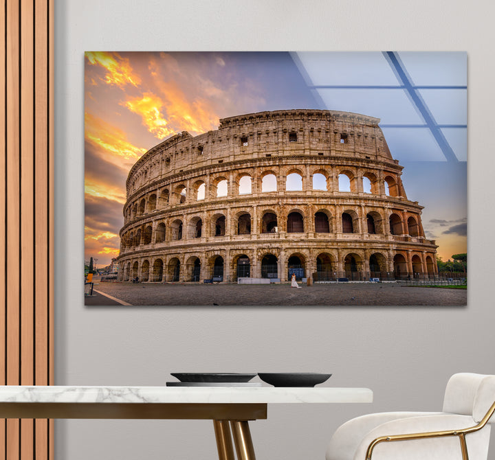 Rome Colosseum Glass Wall Art – Historic Landmark at Sunset