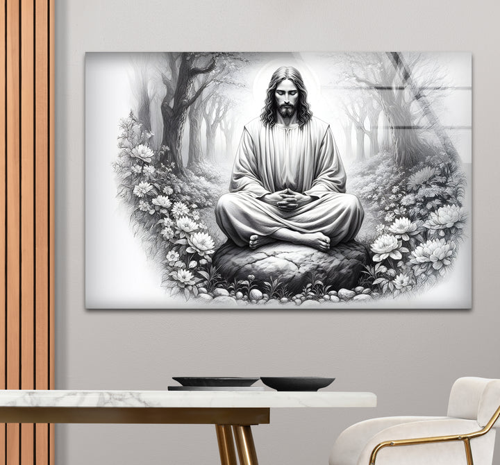 Striking black and white abstract art of Jesus, combining minimalist lines with powerful imagery.