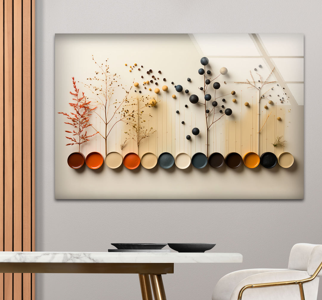 Moderne Naturpalette Wandkunst – Minimalistische Bäume &amp; Farbpunkte Glasdruck