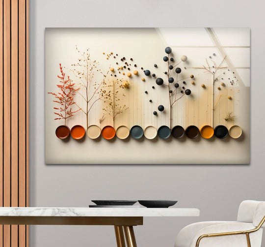 Showcasing the central subject: the minimalist trees and color dots make for stunning decorative wall art in this modern nature palette glass print.