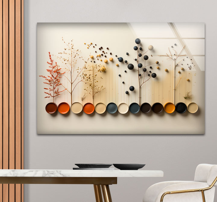 Moderne Naturpalette Wandkunst – Minimalistische Bäume &amp; Farbpunkte Glasdruck