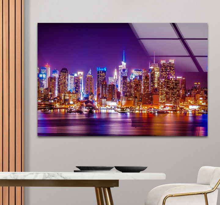 New York City Glaswandkunst – Beleuchtete Skyline bei Nacht
