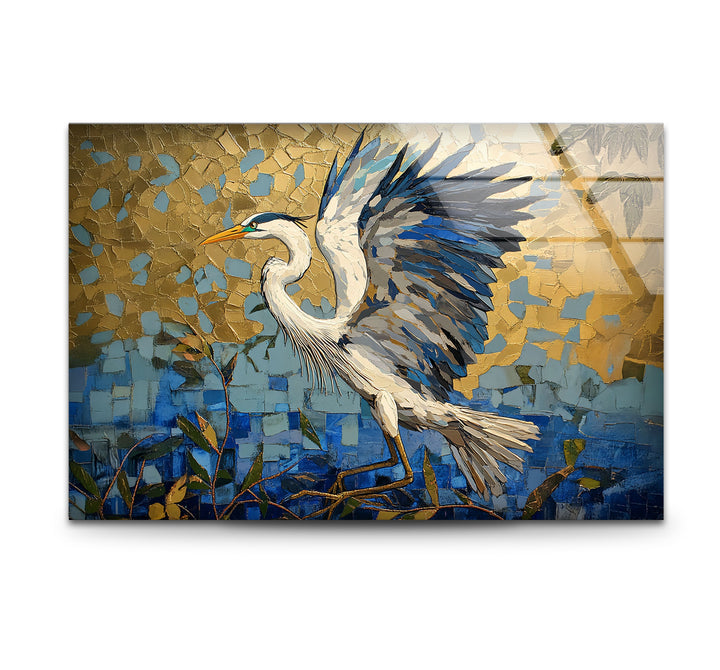 Flügel aus Gold – Mosaikreiher im Flug, Glaswandkunst