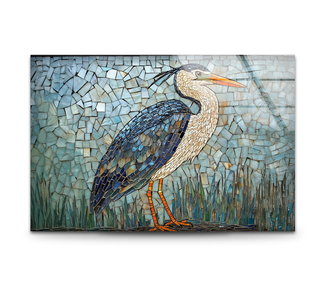 Mosaic Majesty – Blauer Reiher, Glaswandkunst