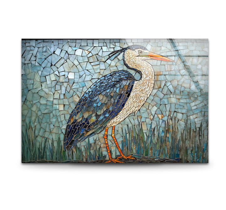 Mosaic Majesty – Blauer Reiher, Glaswandkunst