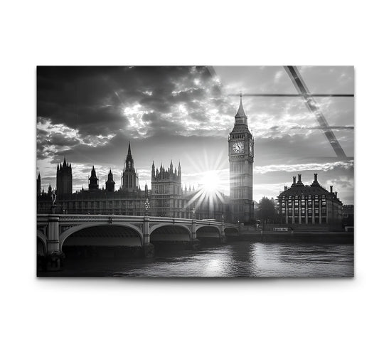 Dramatic clouded background enhances the Westminster Bridge-London black and white glass wall artwork, highlighting London's skyline as a stunning glass wall artwork.