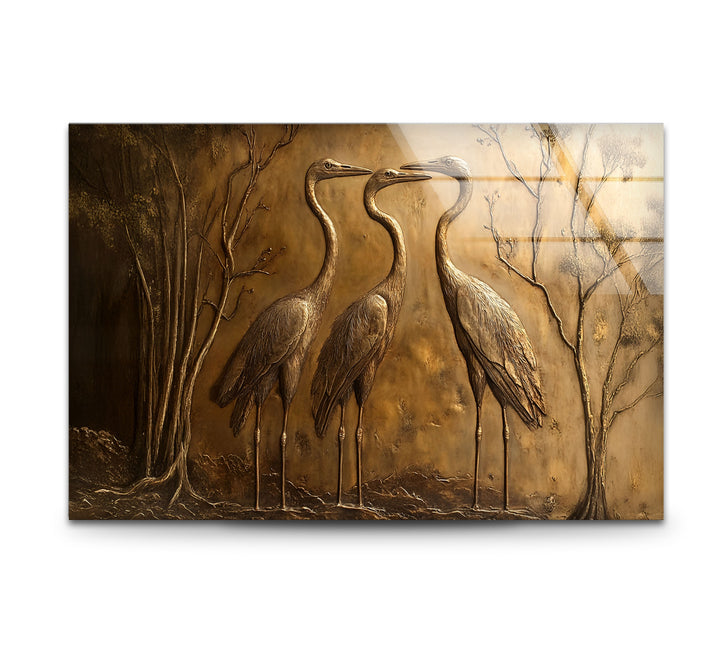 Zeitloses Trio – Bronzenes Kranich-Relief-Glaswandkunstwerk