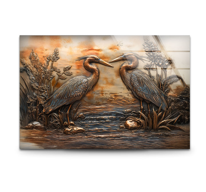 Goldene Reflexion – Zwillingsreiher in Bronze-Relief-Glaswandkunst