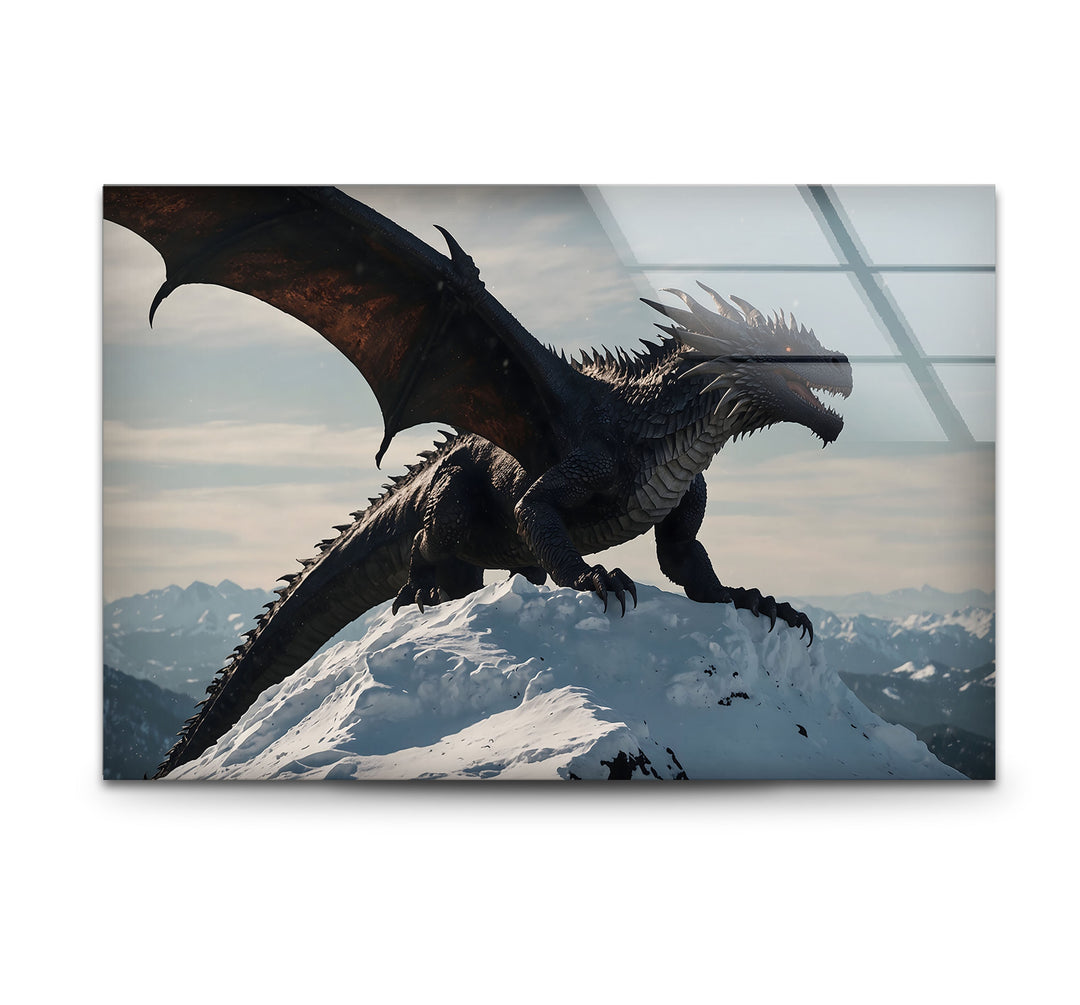 Majestic Dragon: A powerful dragon standing on a snow-covered peak, captured in glass wall art.
