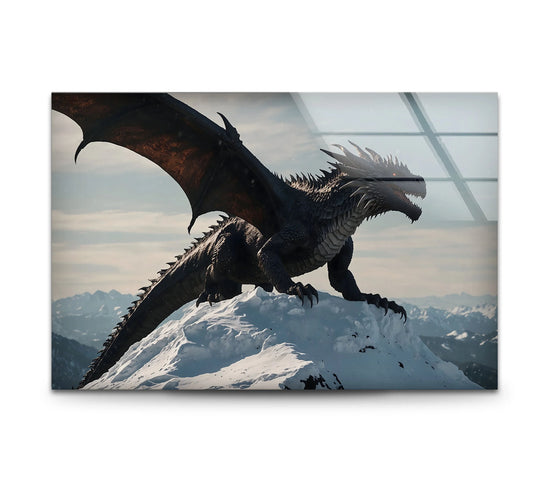 Majestic Dragon: A powerful dragon standing on a snow-covered peak, captured in glass wall art.
