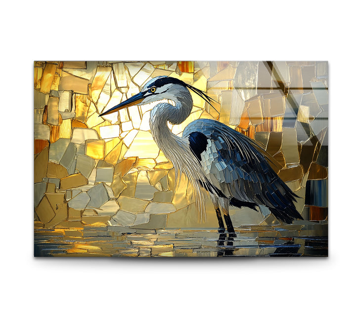 Goldenes Licht – Reiher in Mosaik-Leuchtglas-Wandkunst
