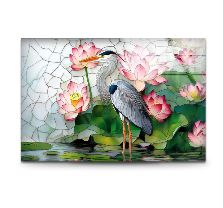 Lotus Serenity – Reiher &amp; rosa Seerosen Glaswandkunst