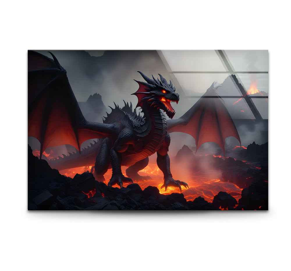 Bring mythical power to your space with a striking red dragon in a volcanic landscape, printed on durable glass.

