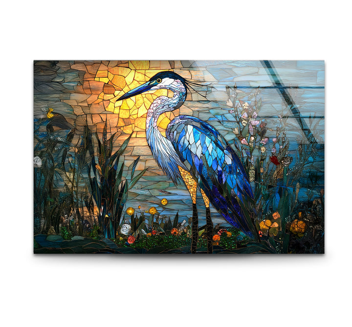 Sunset Majesty – Mosaikreiher-Wandkunst aus Glas