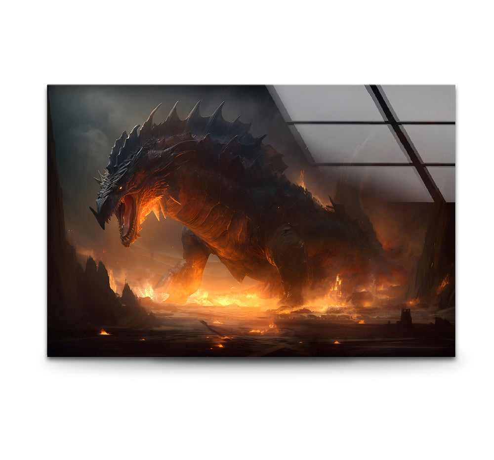 Fierce Dragon: A powerful dragon amidst flames, perfect for bold home decor.
