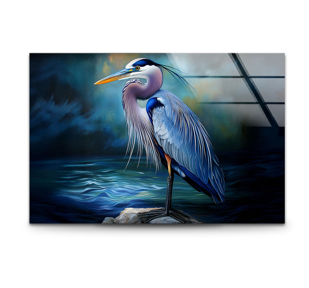 Midnight Grace – Blauer Reiher, realistische Glaswandkunst