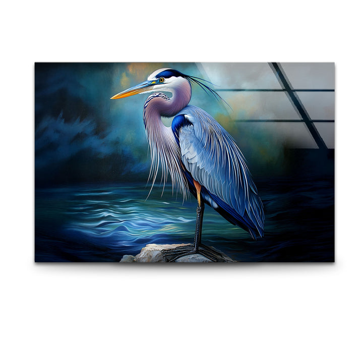 Midnight Grace – Blauer Reiher, realistische Glaswandkunst
