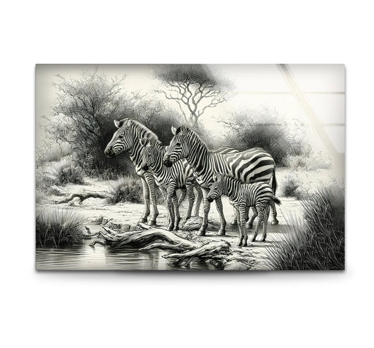 A striking black and white zebra family, rendered in a detailed sketch, stands near a tranquil water's edge, a popular piece of print wall art.