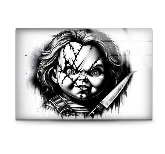 Bold black and white wall art featuring a detailed drawing of Sinister Doll in a striking design.