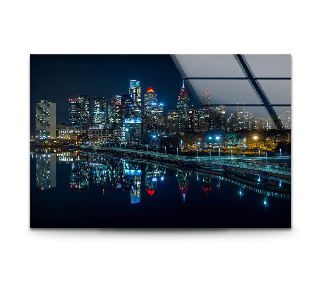 Philadelphia Glaswandkunst – Skyline-Reflexionen bei Nacht